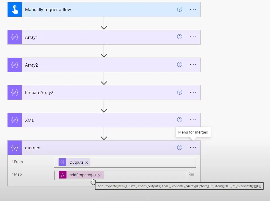 How to merge two arrays in Power Automate by a common property using the xpath expression in a Flow