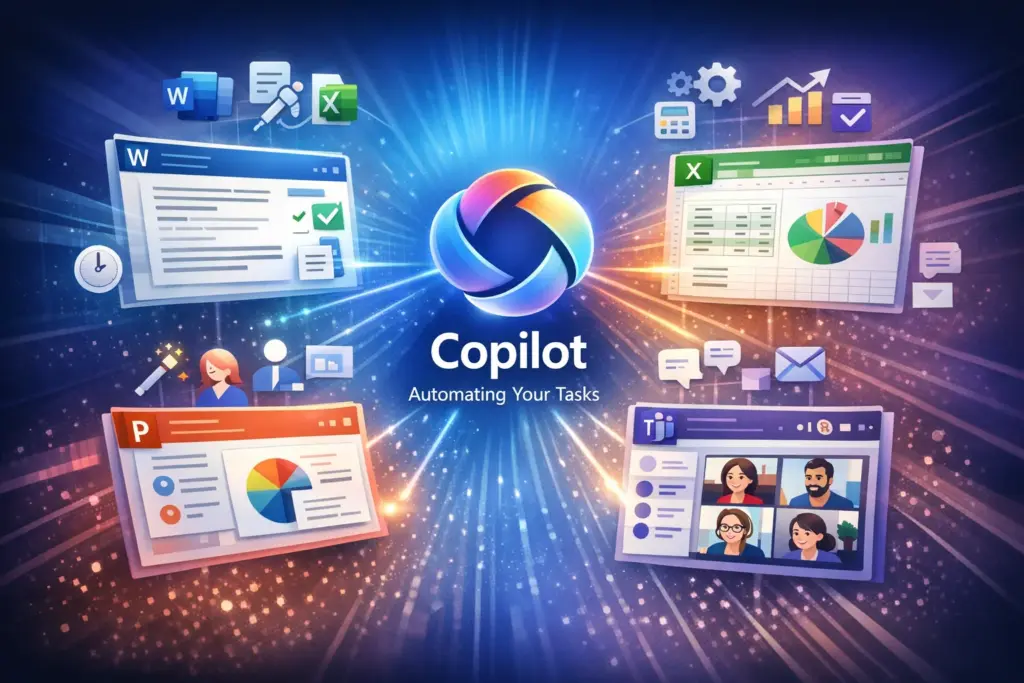 A conceptual graphic showing Copilot automating ta