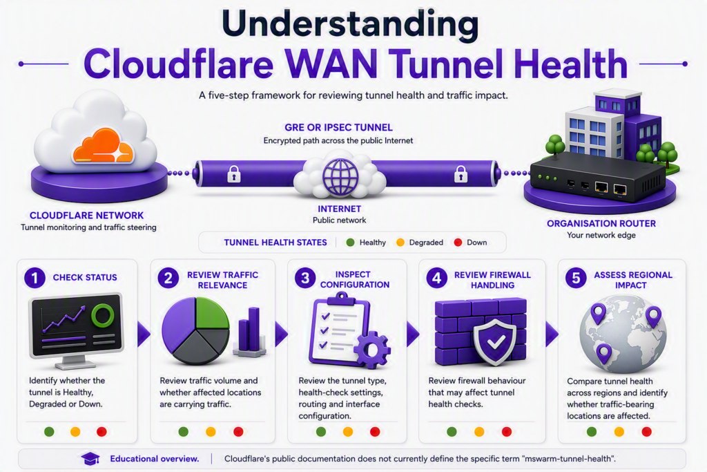 Infographic titled "Understanding Cloudflare WAN Tunnel Health". Illustrates a GRE or IPsec tunnel between the Cloudflare network and an organisation router across the public Internet. Includes tunnel health states Healthy, Degraded and Down, and a five-step review framework covering tunnel status, traffic relevance, configuration, firewall handling and regional impact. Educational overview explaining Cloudflare WAN tunnel health concepts.